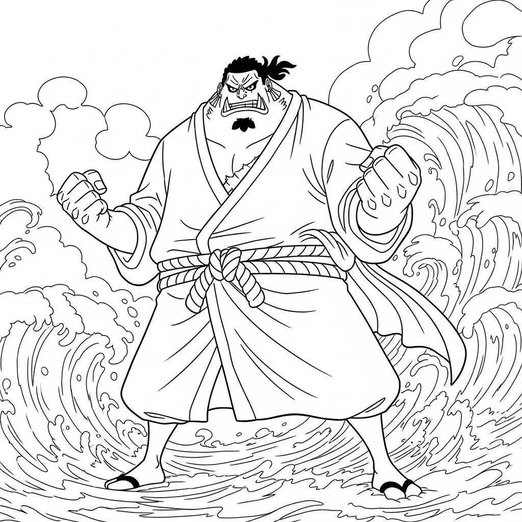 Desenho de One Piece do Jinbei em Luta com Ondas para Colorir