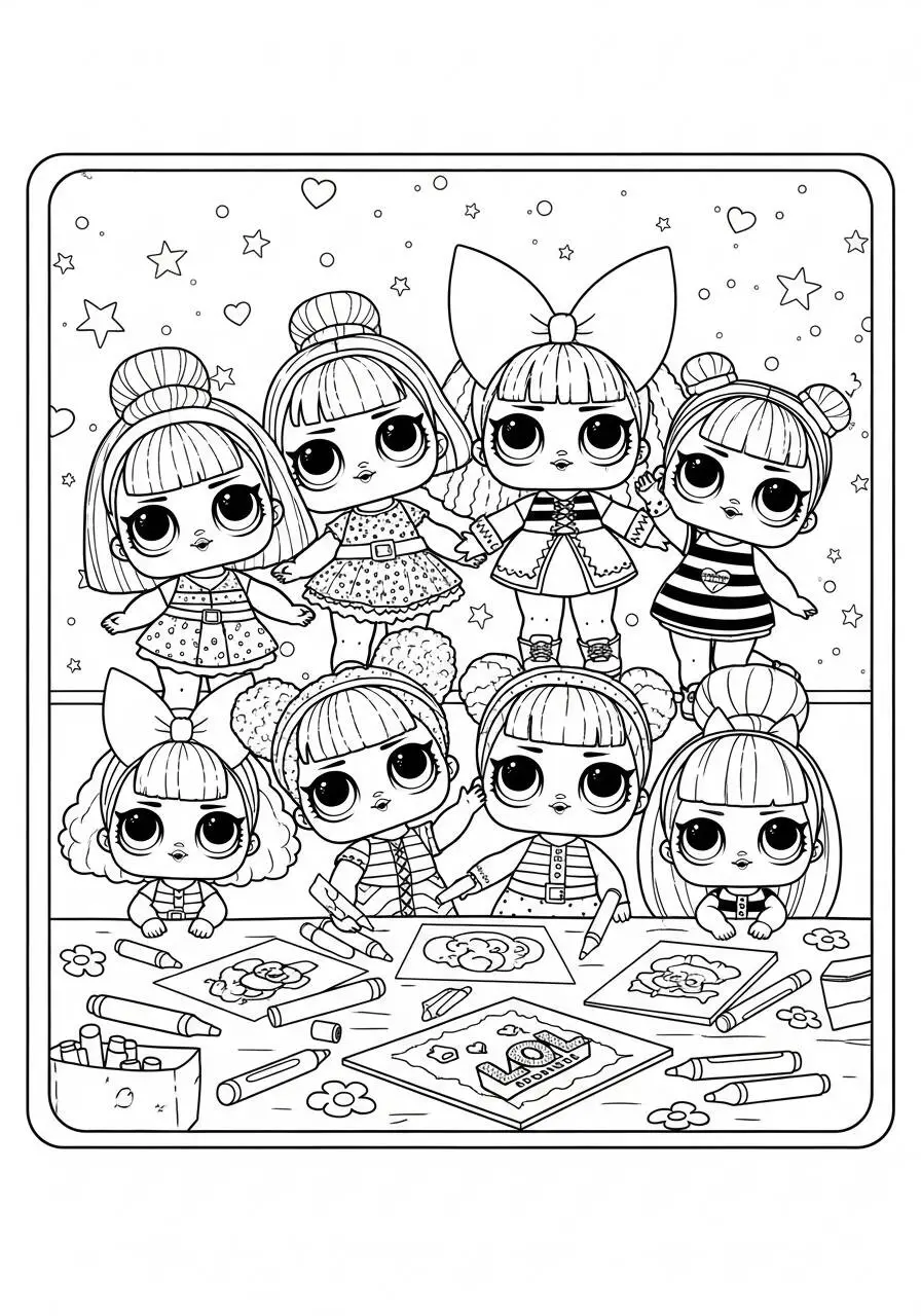 Desenho de LOL Surprise com Várias Bonecas para Colorir