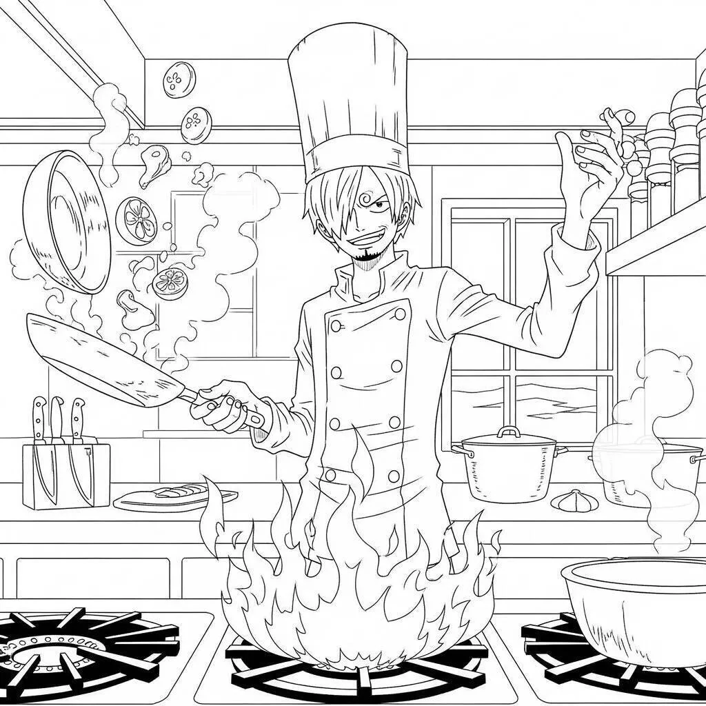 Desenho de One Piece do Sanji Cozinhando em Chamas para Colorir