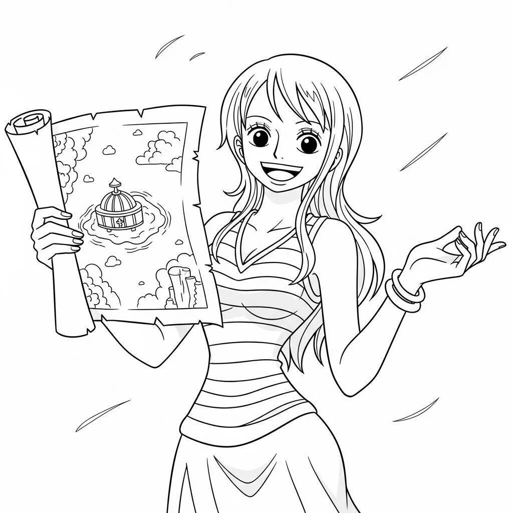 Desenho de One Piece da Nami com Mapa para Colorir