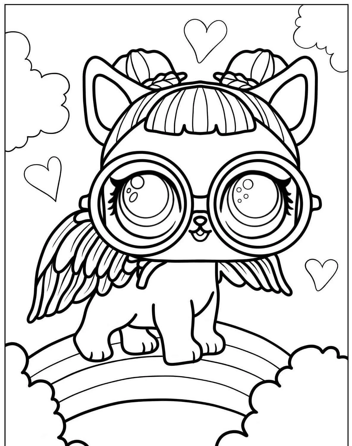 Desenho de LOL Surprise Gatinho com Óculos e Asas para Colorir