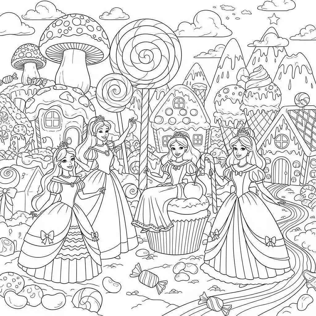 Princesas en un mundo de dulces Dibujo para colorear