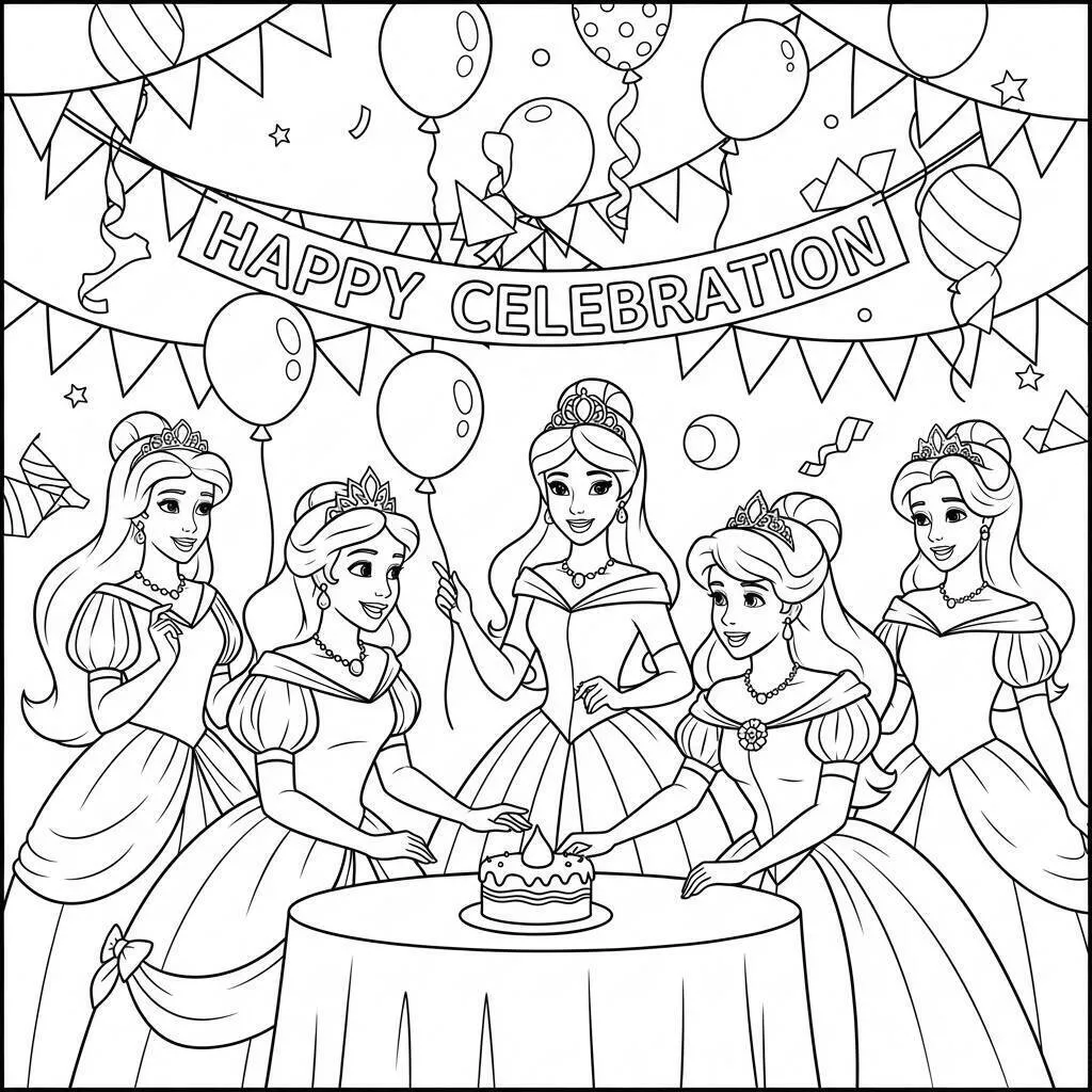 Princesas celebrando cumpleaños Dibujo para colorear