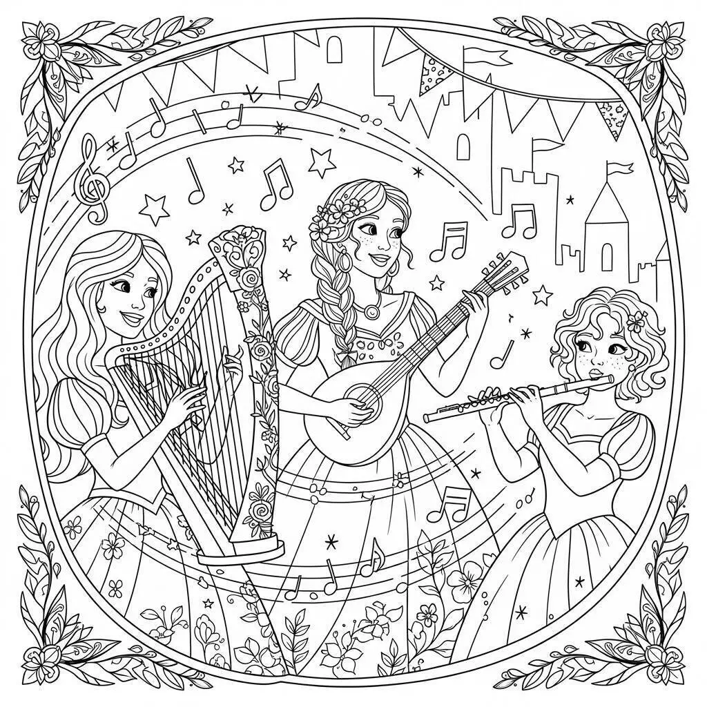 Coloriage Princesses jouant de la musique
