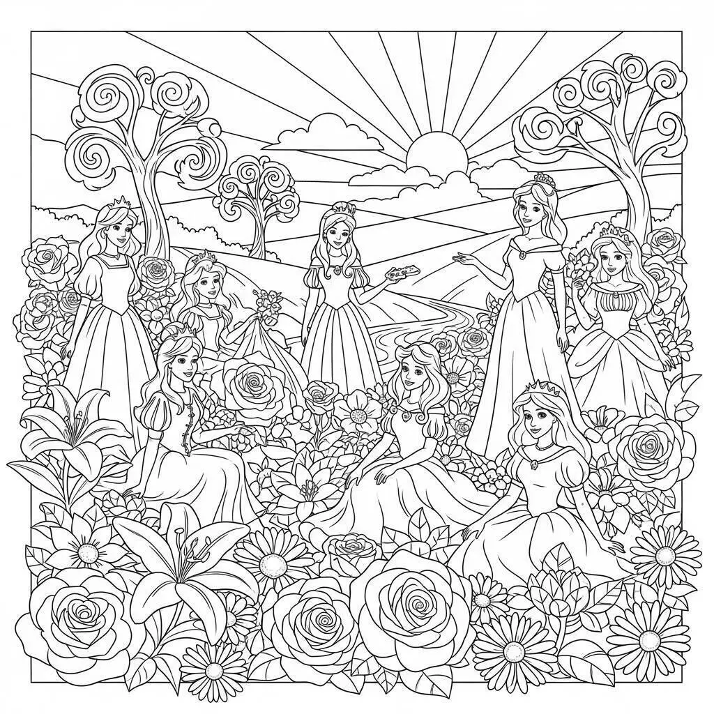 Coloriage Princesses dans un jardin enchanté