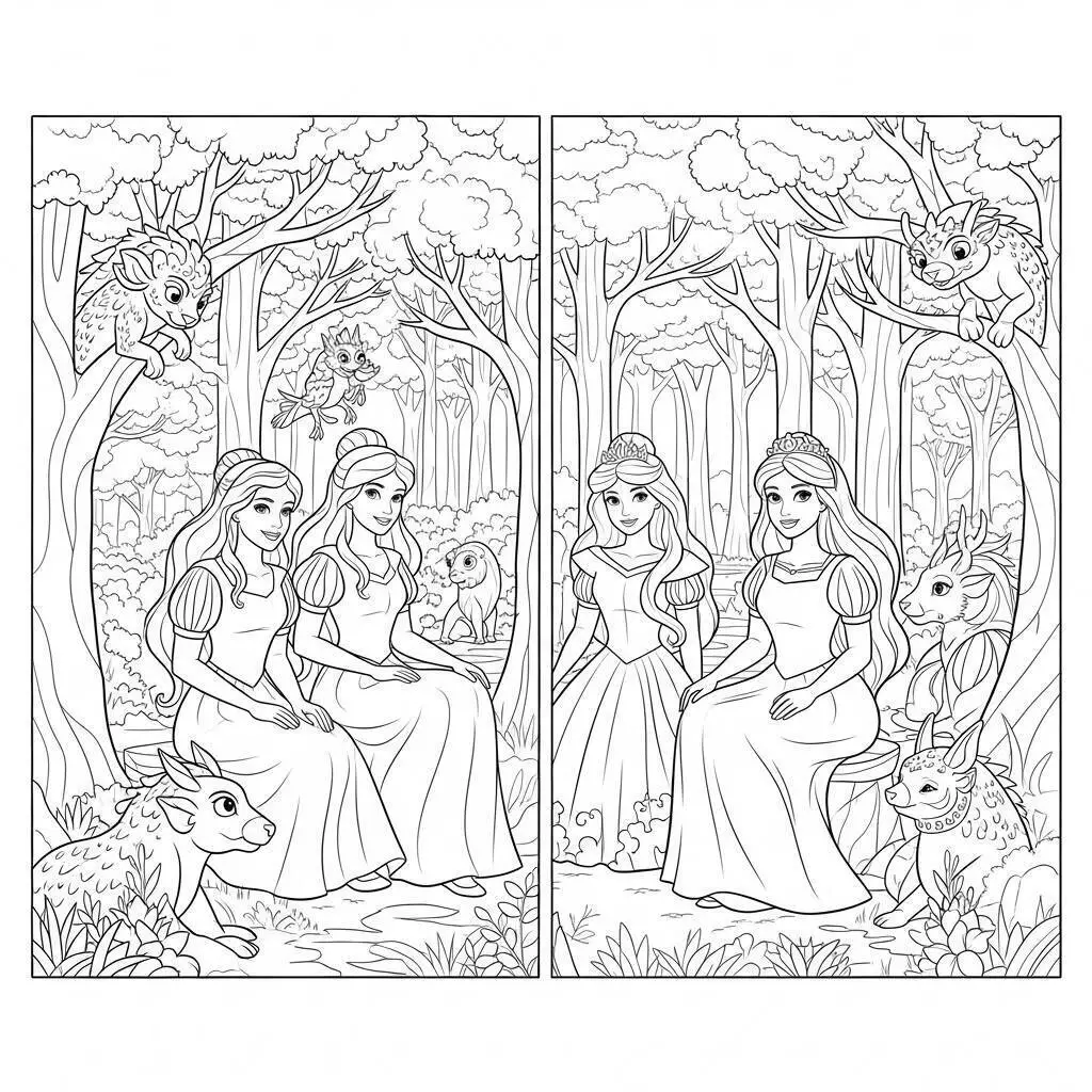 Coloriage Princesses dans la forêt enchantée