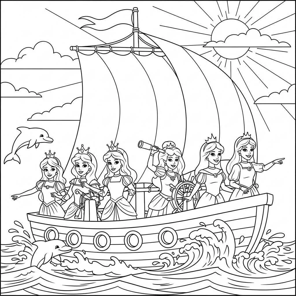 Coloriage Princesses naviguant en haute mer
