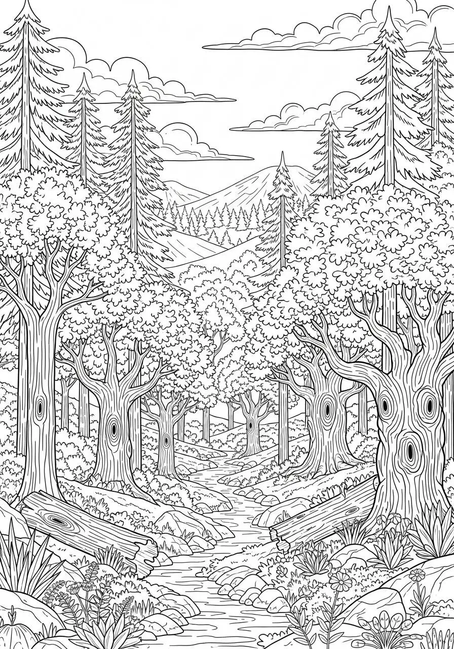 Dibujo de Paisaje forestal con árboles y arroyo para colorear
