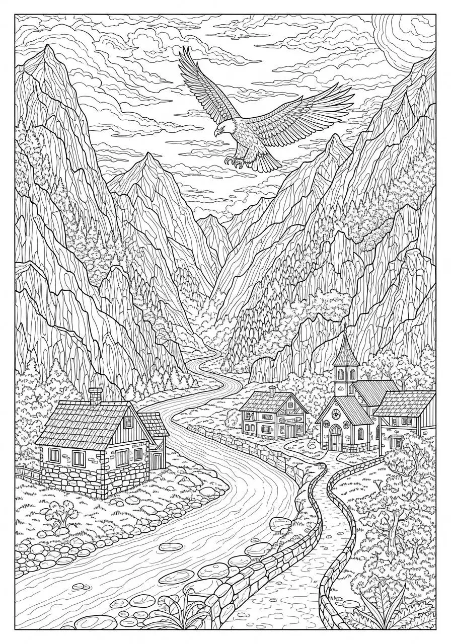 Dibujo de Paisaje de montaña con águila y pueblo para colorear