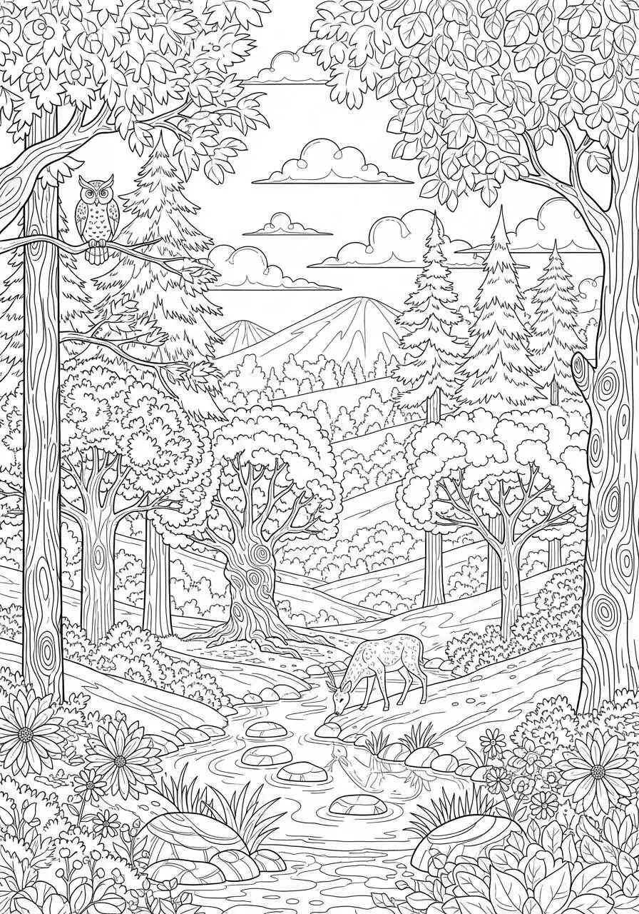 Desenho de Paisagem de Floresta com Coruja e Veado para Colorir