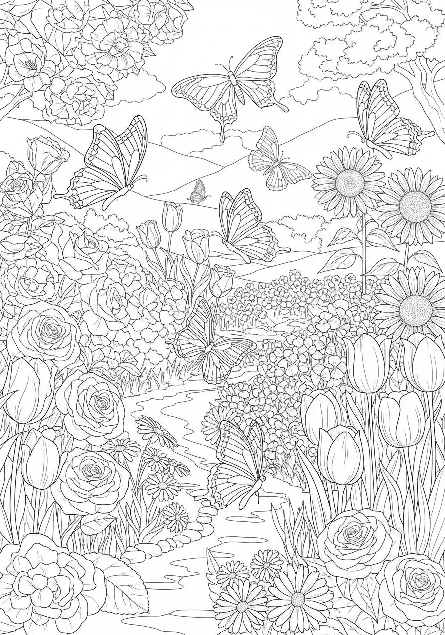 Desenho de Paisagem de Jardim com Borboletas e Flores para Colorir