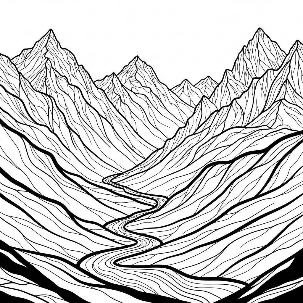 Desenho de Paisagem de Montanhas com Rio para Colorir