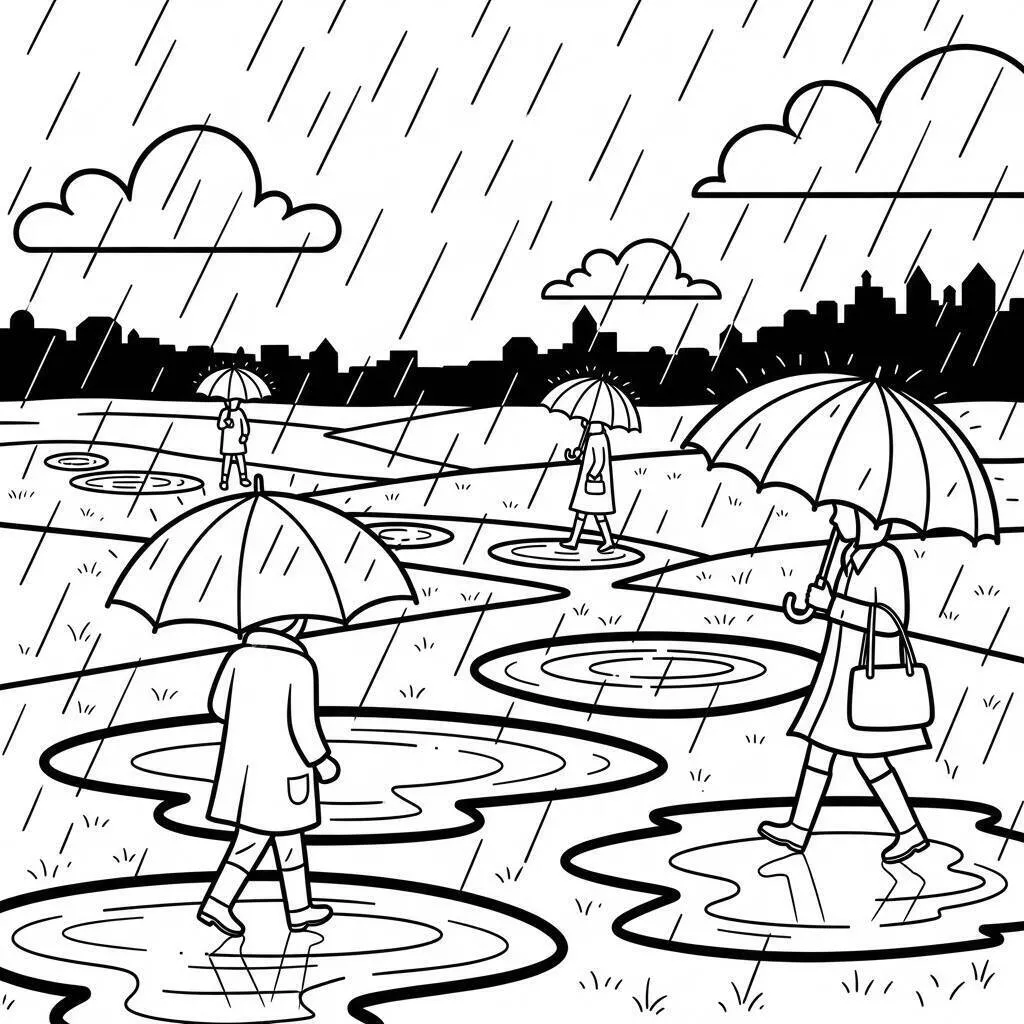 Desenho de Paisagem de Chuva com Pessoas e Guarda chuvas para Colorir