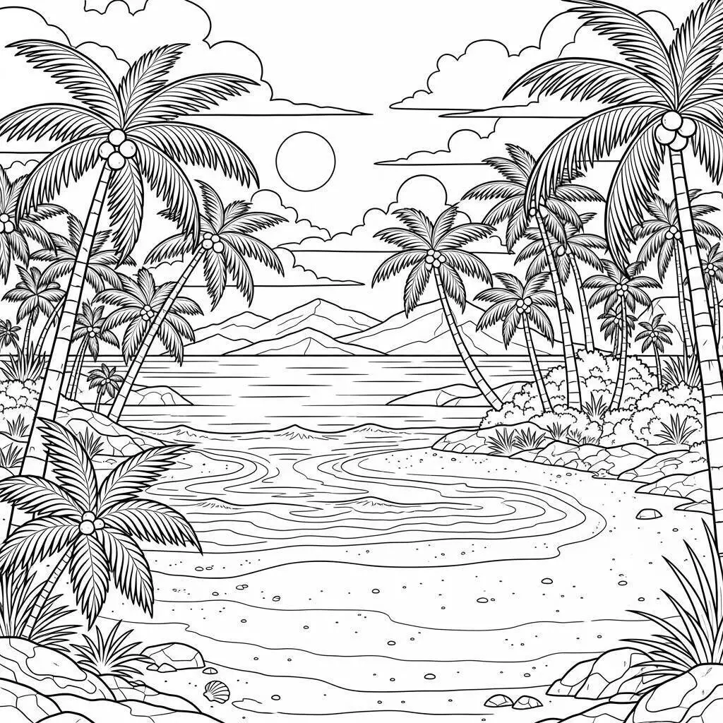 Desenho de Paisagem de Praia com Coqueiros e Montanhas para Colorir