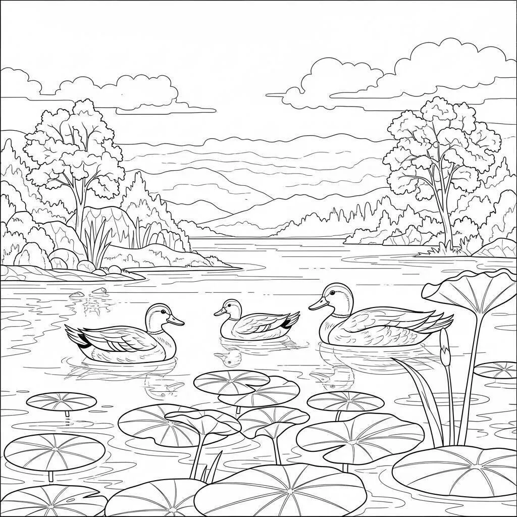 Landschaftszeichnung mit Enten und See zum Ausmalen