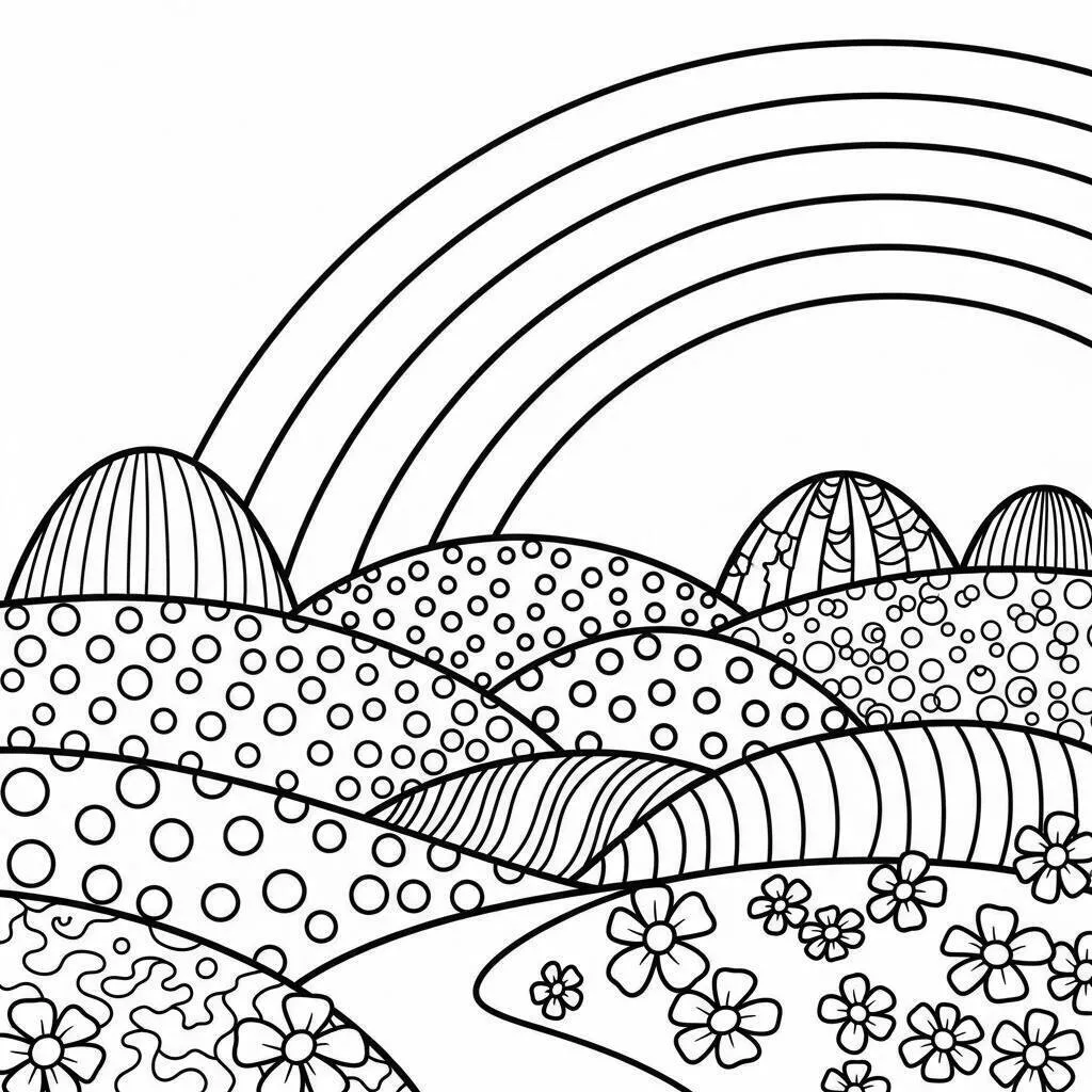 Desenho de Paisagem com Arco Íris e Colinas para Colorir