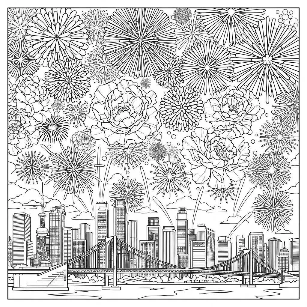 Desenho de Paisagem Urbana com Fogos de Artifício para Colorir