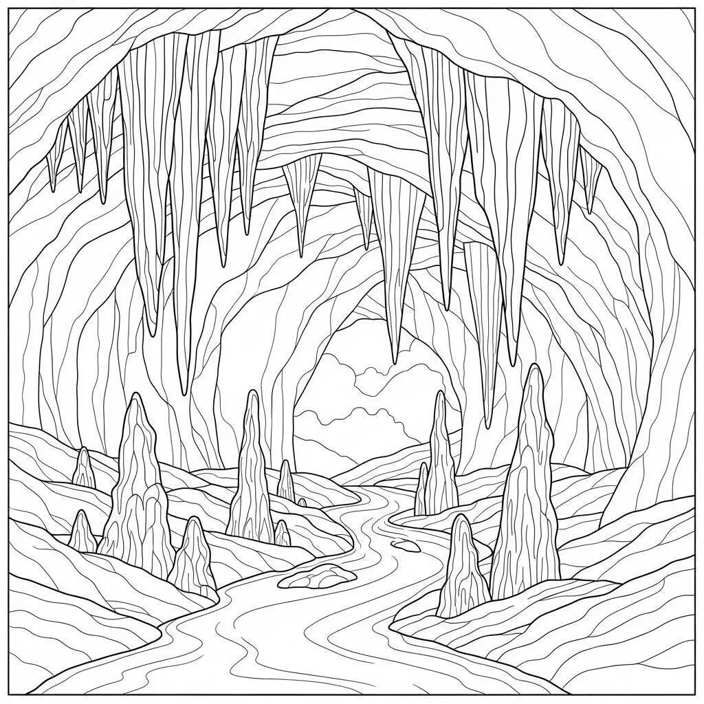 Desenho de Paisagem de Caverna com Estalactites para Colorir