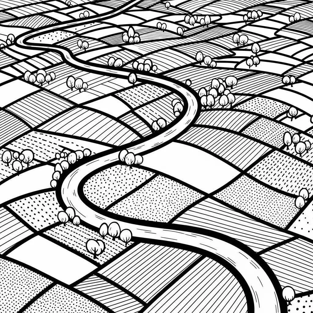 Desenho de Paisagem de Campo com Estrada e Árvores para Colorir