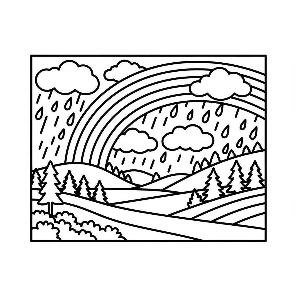 Desenho de Paisagem com Arco Íris e Chuva para Colorir