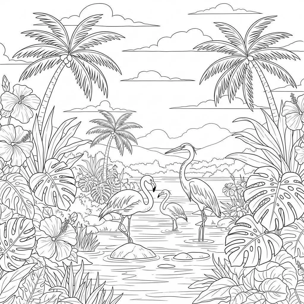 Desenho de Paisagem Tropical com Flamingos e Palmeiras para Colorir