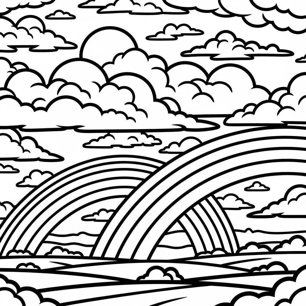 Desenho de Paisagem com Arco Íris e Nuvens para Colorir