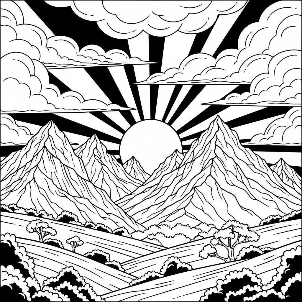 Desenho de Paisagem de Montanhas com Sol Radiante para Colorir