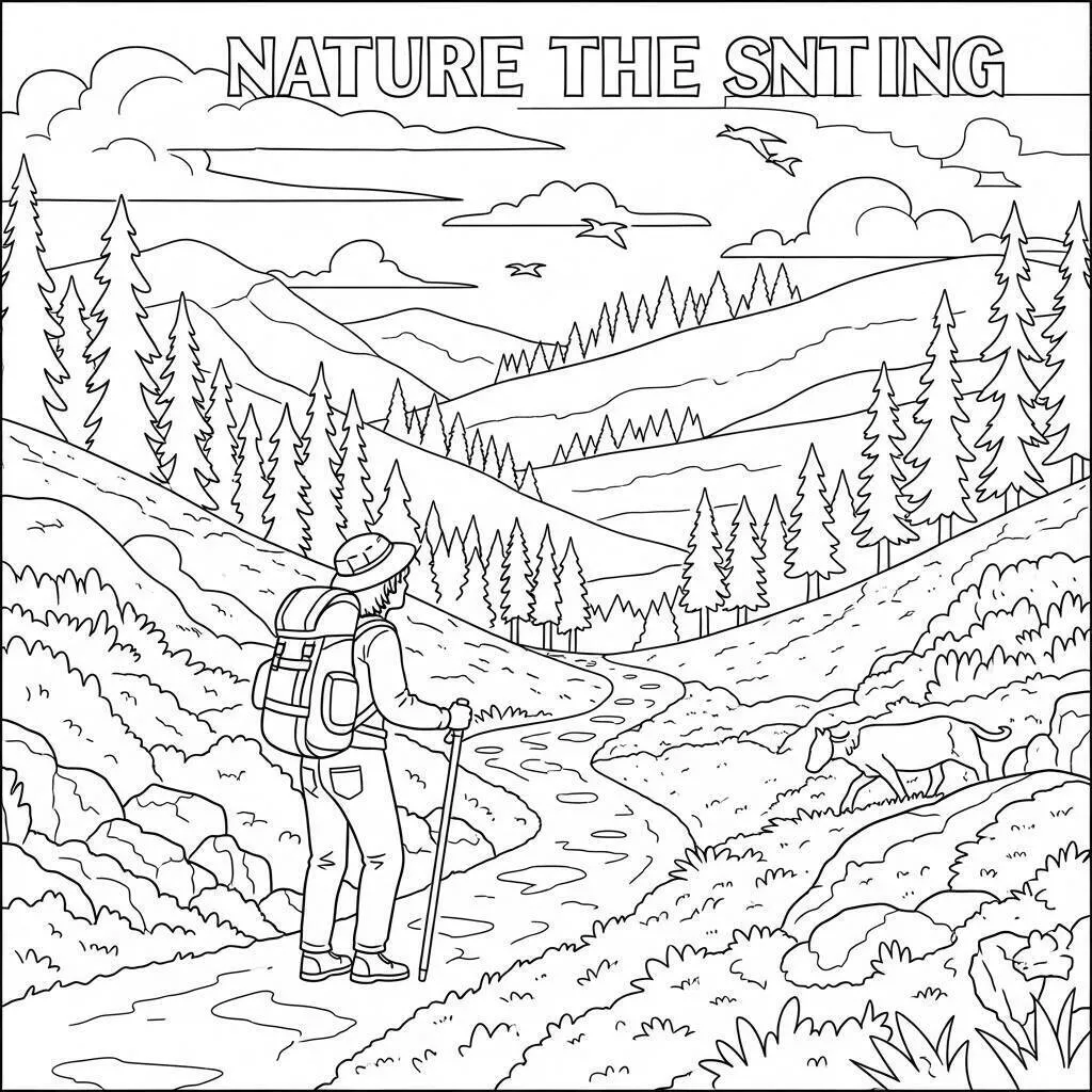 Coloriage Paysage naturel avec montagnes et randonneur