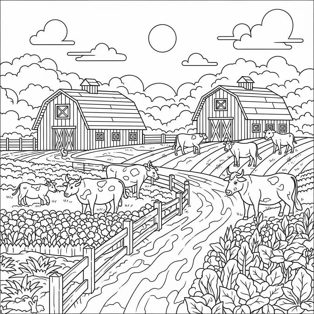 Coloriage Paysage de ferme avec des vaches et des granges
