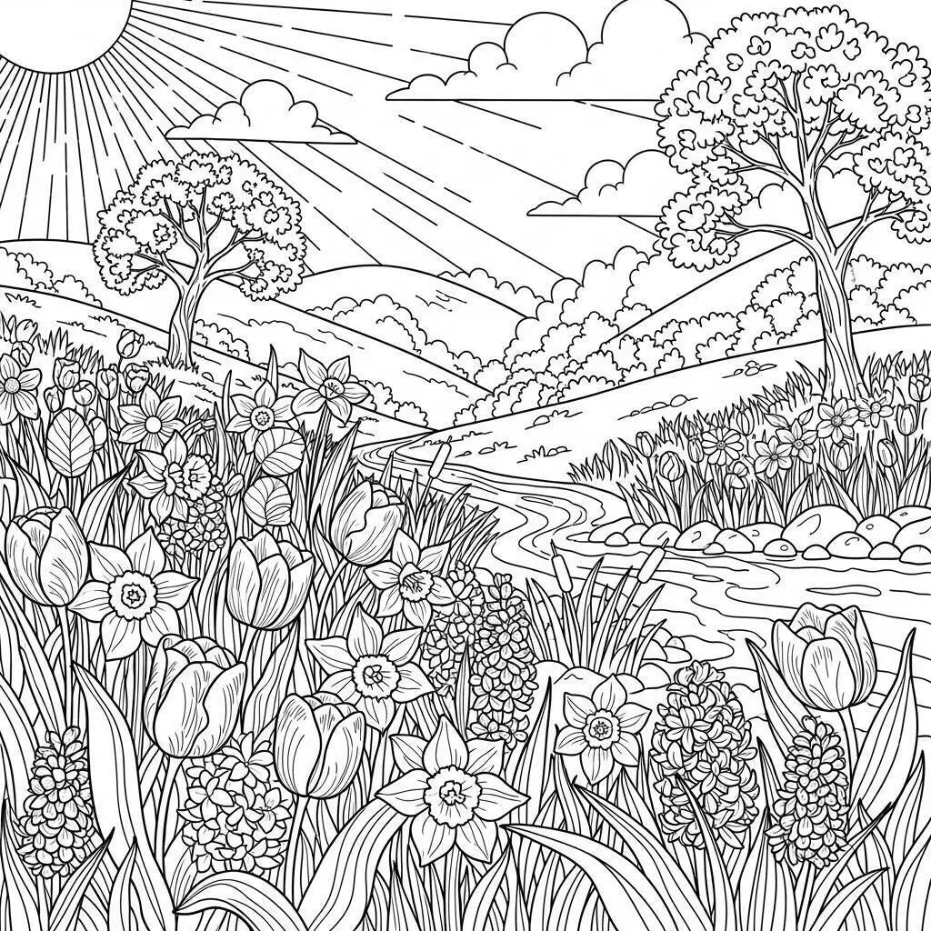 Desenho de Paisagem com Flores e Riacho para Colorir