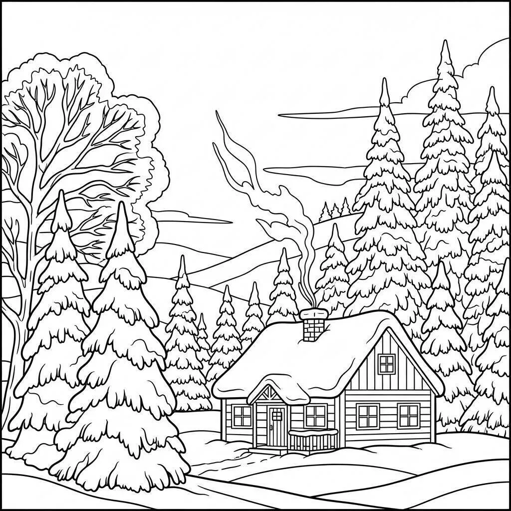 Desenho de Paisagem de Montanha com Cabana para Colorir