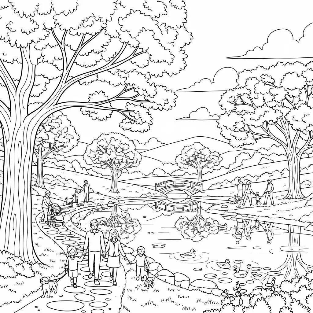 Desenho de Paisagem de Parque com Família e Lago para Colorir
