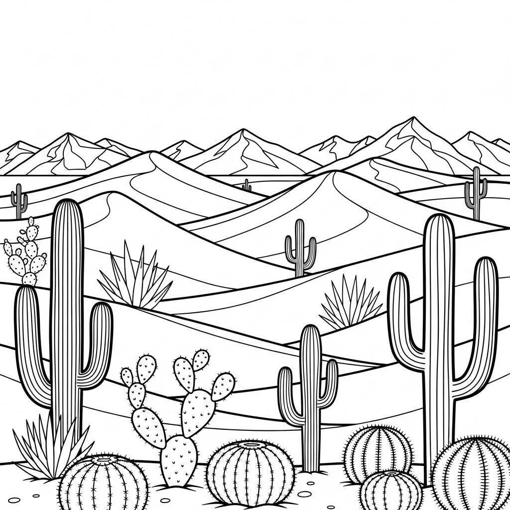Desenho de Paisagem de Deserto com Cactos e Montanhas para Colorir