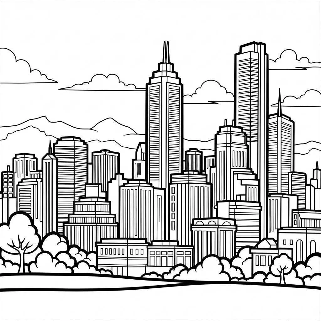 Desenho de Paisagem Urbana com Arranha Céus para Colorir