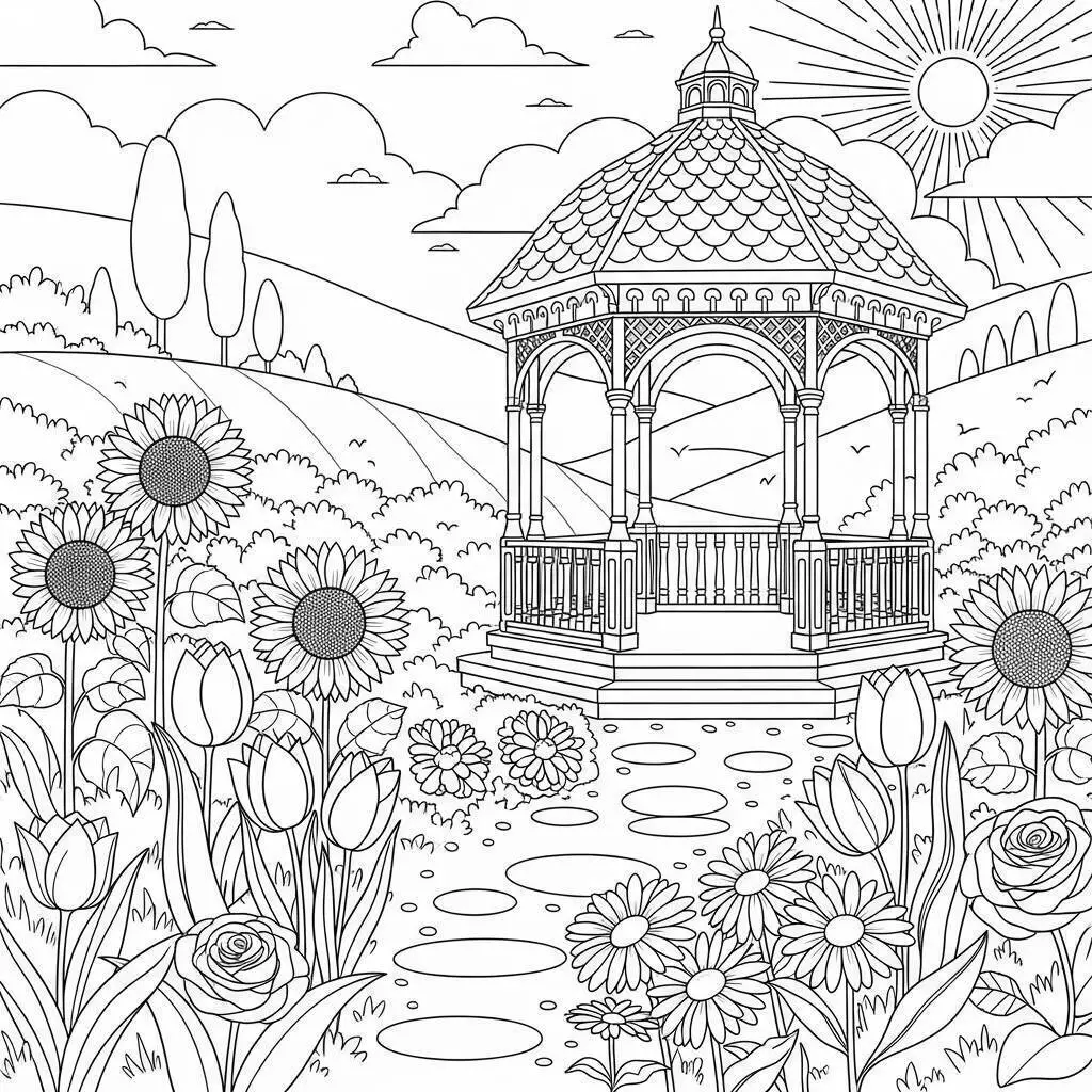 Desenho de Paisagem com Gazebo e Flores para Colorir