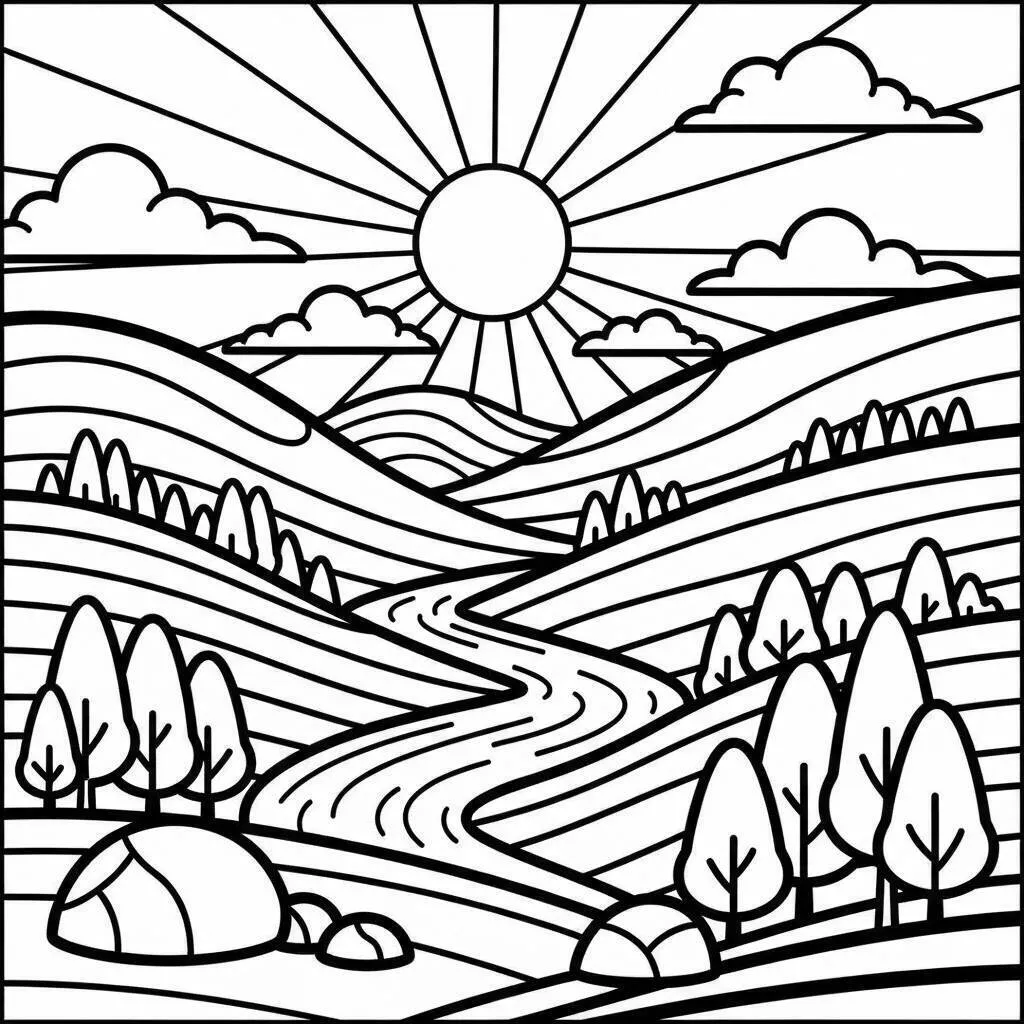 Desenho de Paisagem com Rio e Montanhas para Colorir