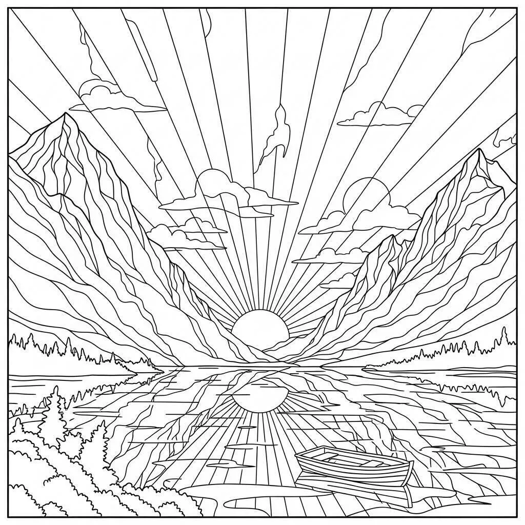 Desenho de Paisagem Montanhosa com Lago e Pôr do Sol para Colorir