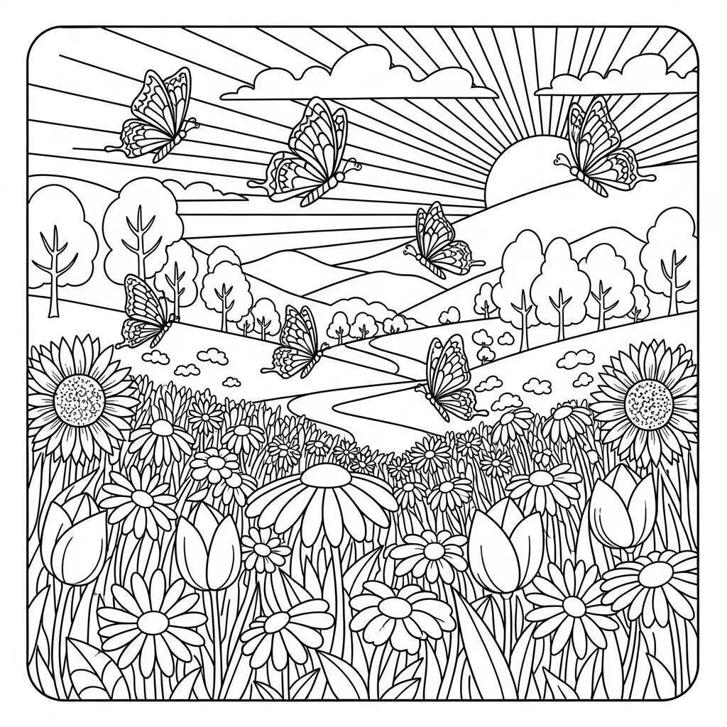 Desenho de Paisagem com Borboletas e Flores para Colorir