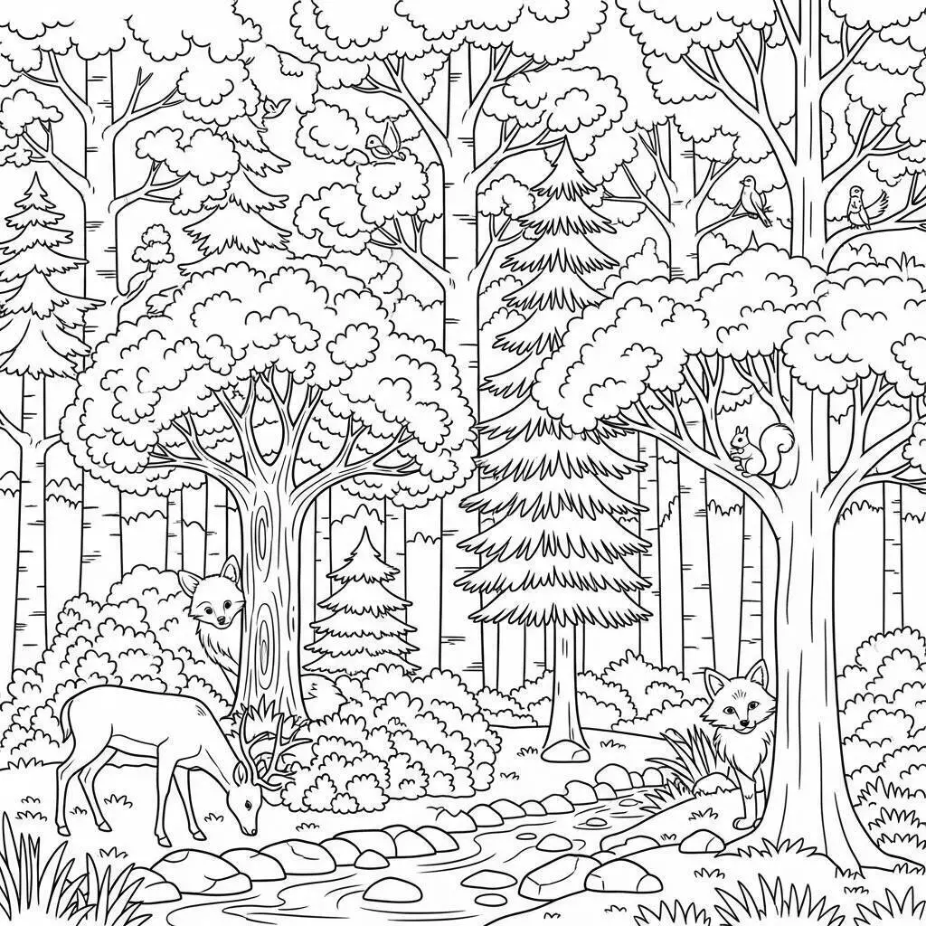 Desenho de Paisagem de Floresta com Animais e Riacho para Colorir