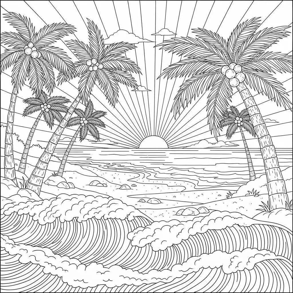 Desenho de Paisagem de Praia com Coqueiros e Pôr do Sol para Colorir