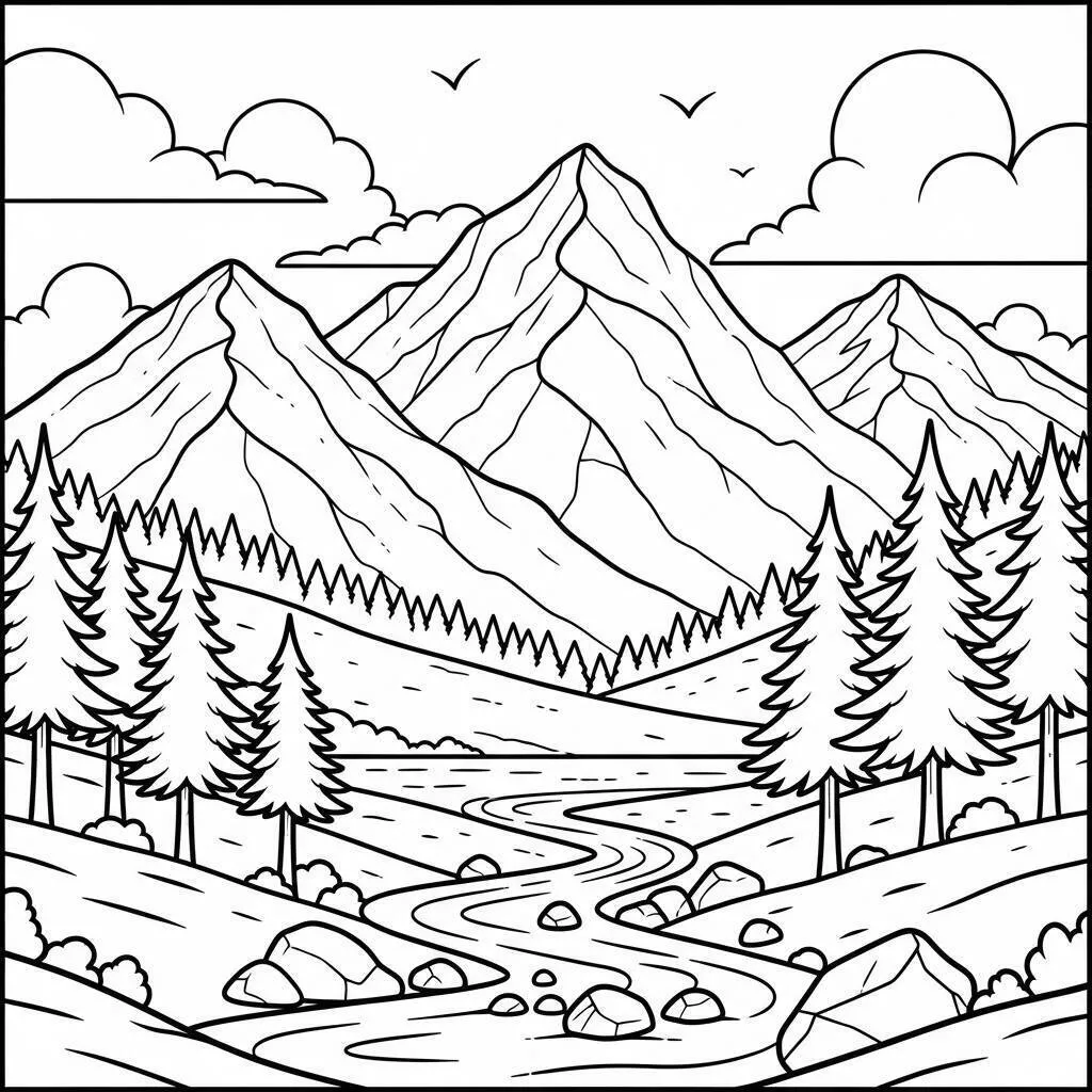 Desenho de Paisagem de Montanhas com Rio para Colorir