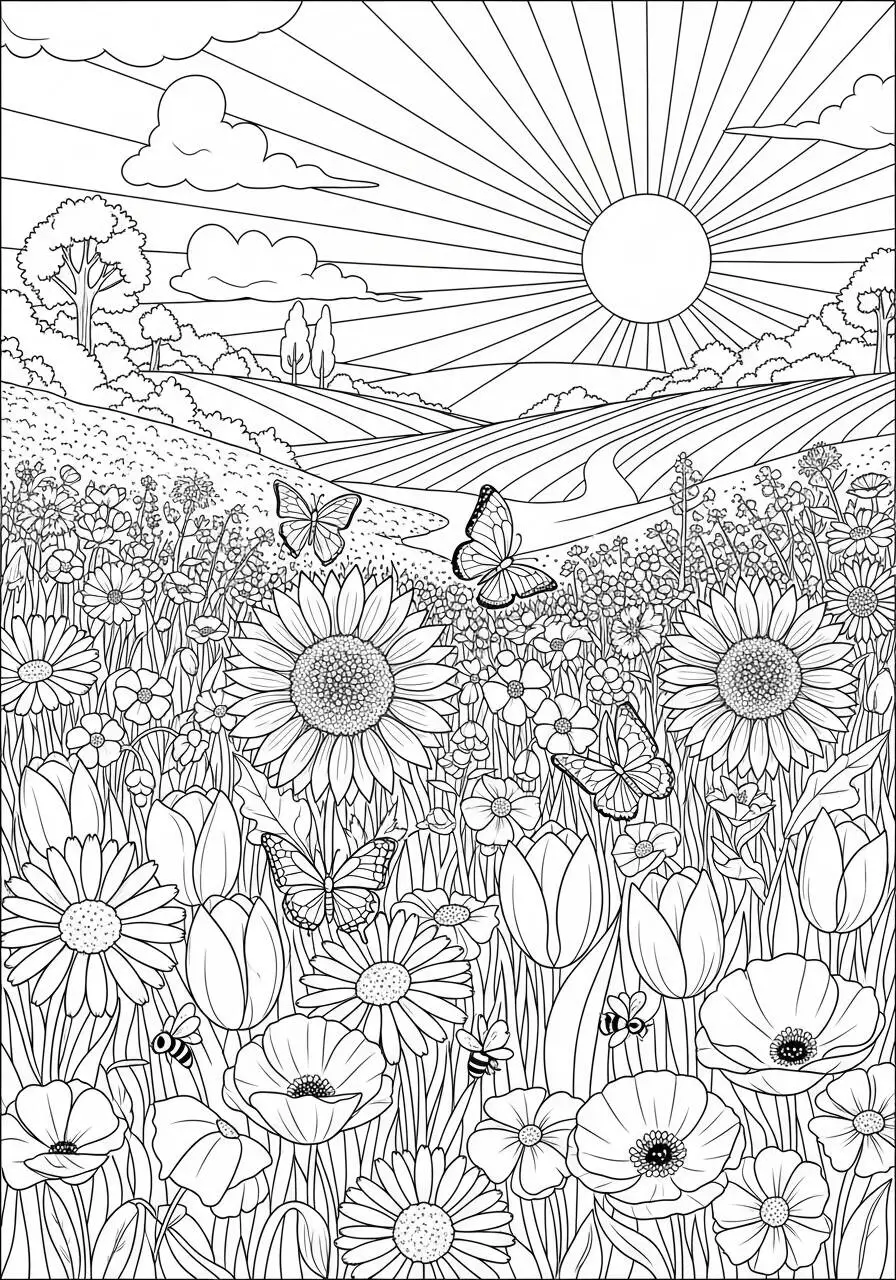 Desenho de Paisagem com Flores e Borboletas para Colorir