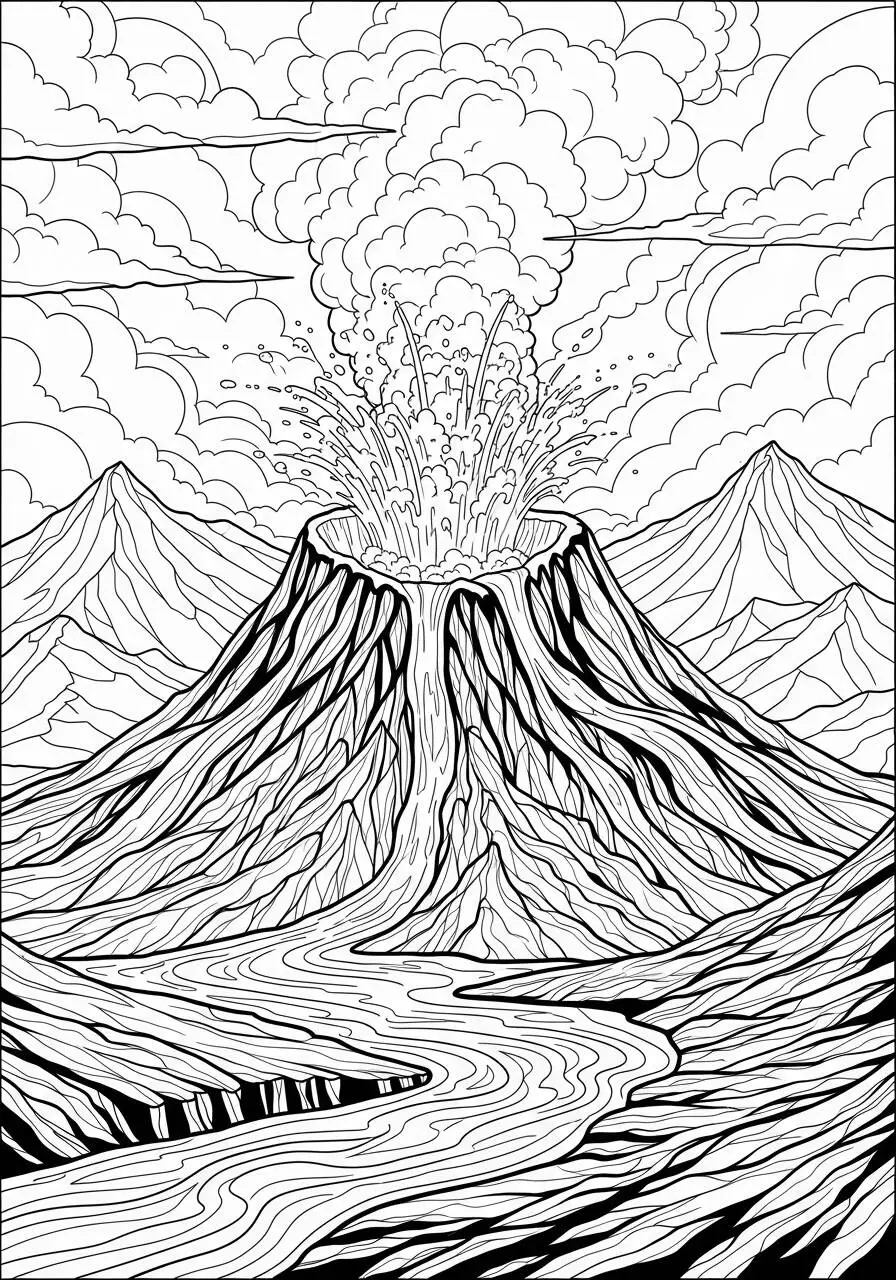 Desenho de Paisagem de Vulcão em Erupção para Colorir