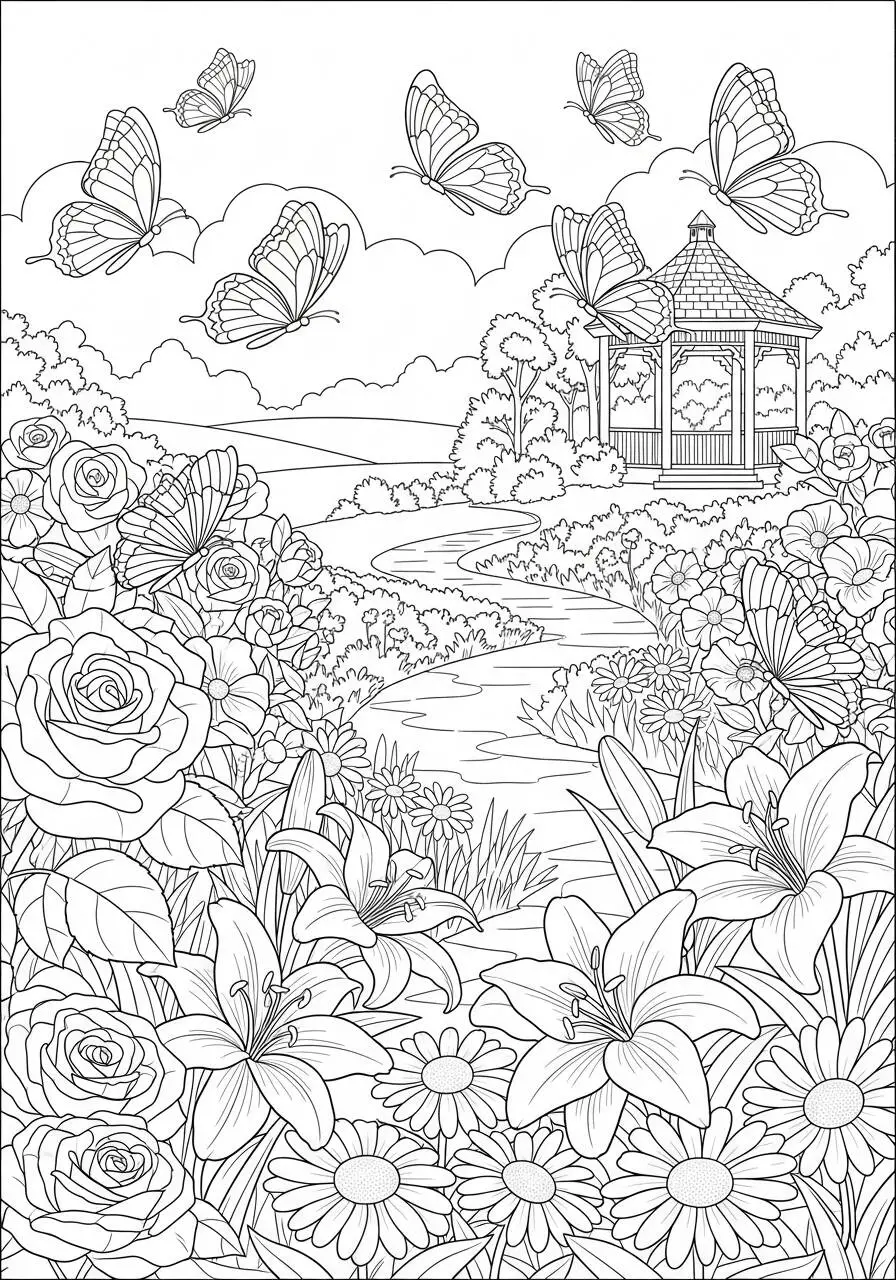 Dessin de paysage avec des fleurs et des papillons à colorier