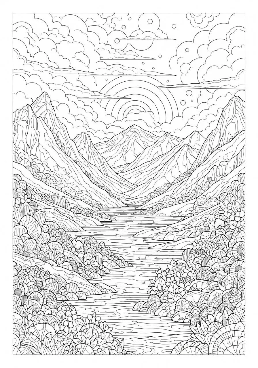 Coloriage Paysage de montagne avec rivière et ciel