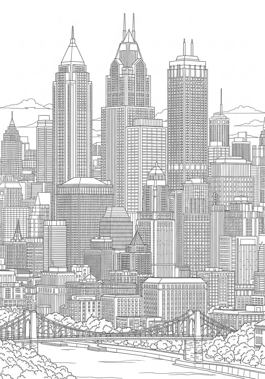 Desenho de Paisagem Urbana com Arranha Céus e Ponte para Colorir