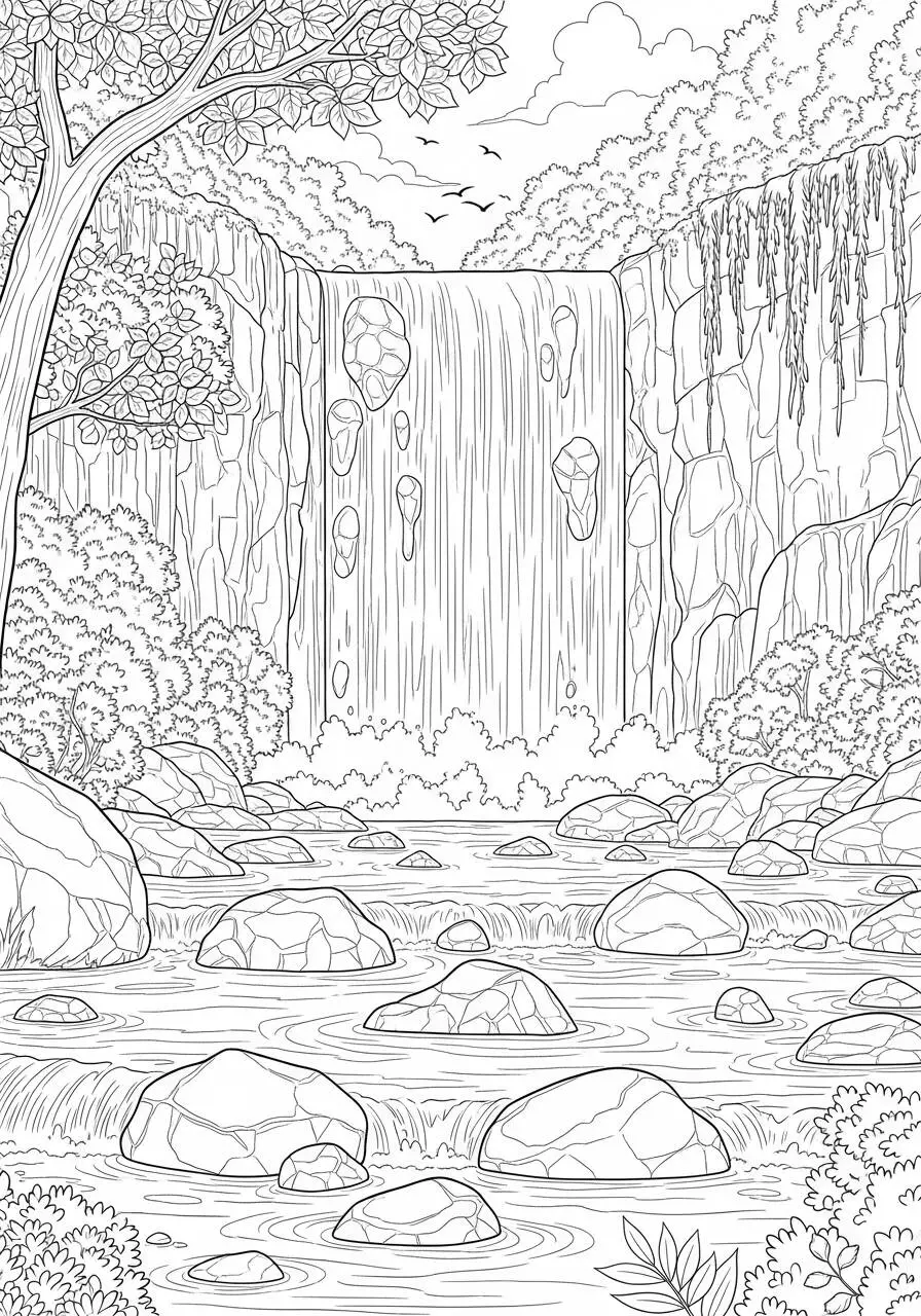Desenho de Paisagem com Cachoeira e Lago para Colorir