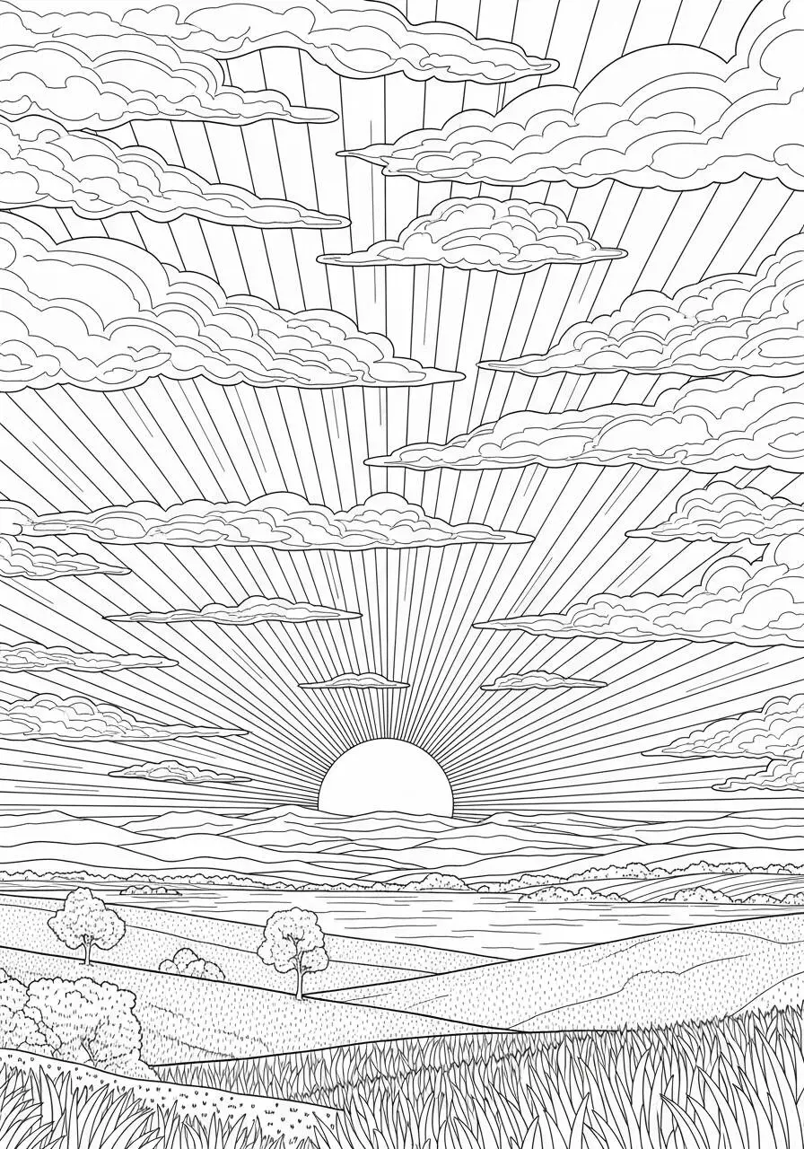 Desenho de Paisagem com Pôr do Sol e Nuvens para Colorir