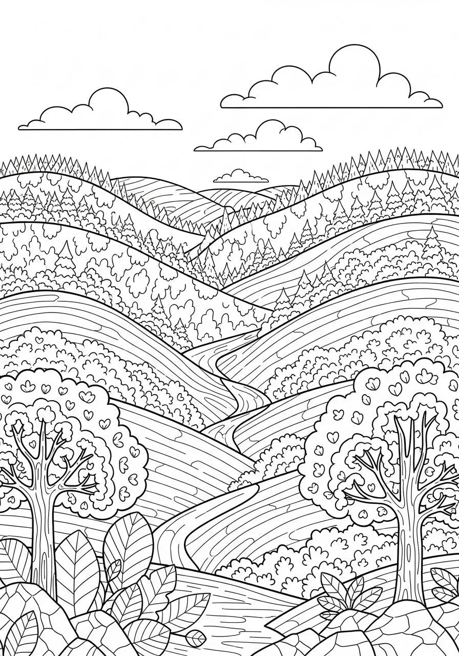Desenho de Paisagem de Montanhas com Riacho para Colorir