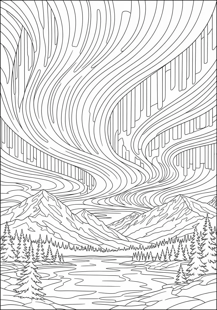 Desenho de Paisagem com Montanhas e Aurora Boreal para Colorir